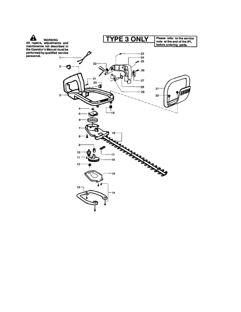 Blade/Handle/Clutch Diagram and Parts List for GHT180 Type 3 Weed Eater Hedge Trimmer